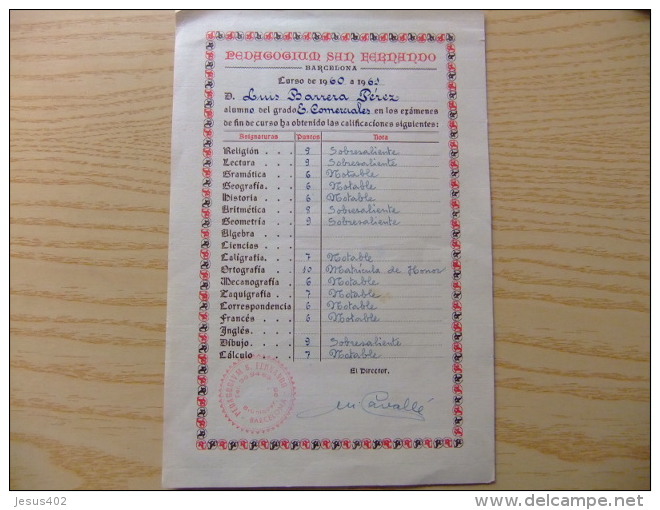 CALIFICACION ESCOLAR DE LUIS BARRERA PEREZ EN EL COLEGIO PEDAGOGIUM SAN FERNANDO BARCELONA CURSO 1960 /1961 - Diplomas Y Calificaciones Escolares