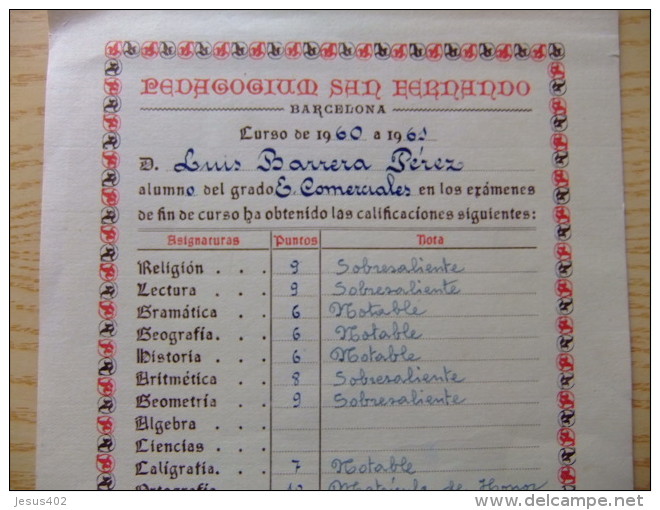 CALIFICACION ESCOLAR DE LUIS BARRERA PEREZ EN EL COLEGIO PEDAGOGIUM SAN FERNANDO BARCELONA CURSO 1960 /1961 - Diplomas Y Calificaciones Escolares