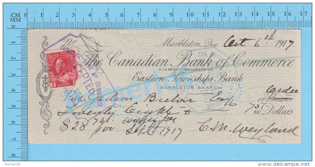 Marbleton,  Quebec Canada Cheque, 1917  ( $28.75,  Gédéon Breton, Eastern Town Ships Bank  Stamp #106) 2 SCANS - Cheques & Traveler's Cheques