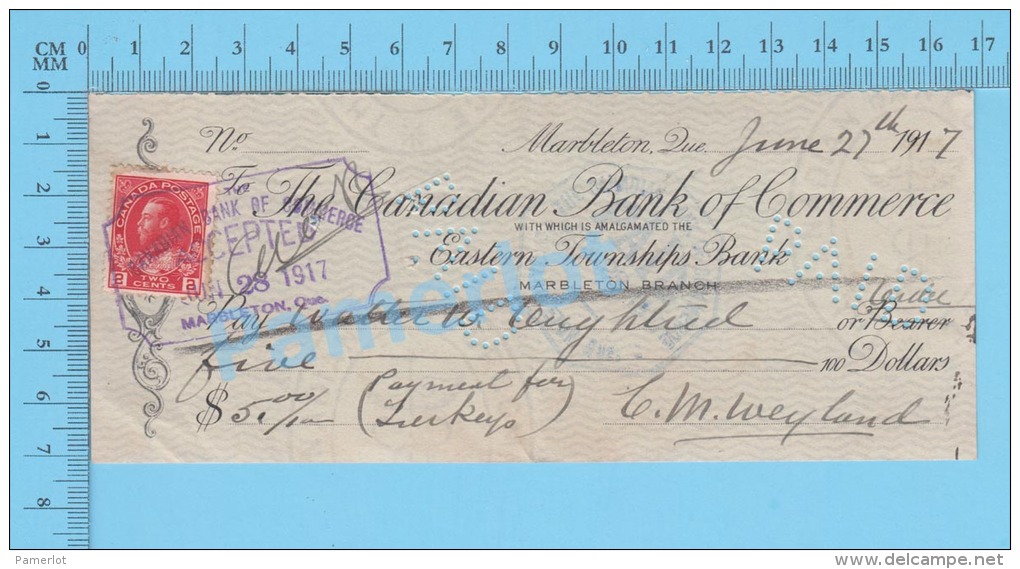 Marbleton, Quebec Canada  Cheque, 1917 ( $5.00, Walter Ouglned Pour Dinde, Eastern Town Ships Bank  Stamp #106)  2 SCANS - Cheques & Traveler's Cheques