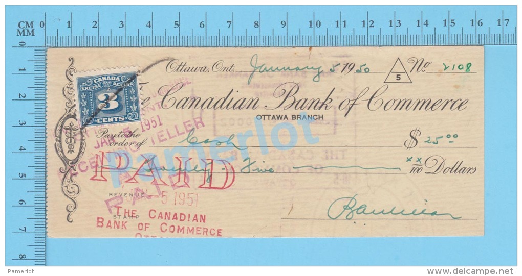 Ottawa, Cheque, 1950 ( $25.00, Cheque à Lui-mème., B.C.D.C.  Tax Stamp FX-64) Ontario Ont.. 2 SCANS - Cheques & Traveler's Cheques