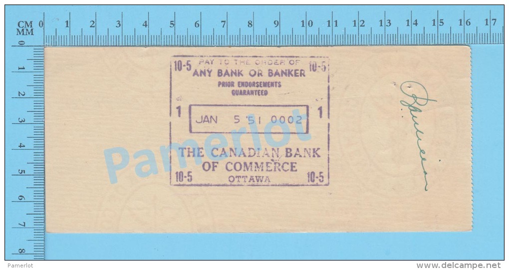 Ottawa, Cheque, 1950 ( $25.00, Cheque à Lui-mème., B.C.D.C.  Tax Stamp FX-64) Ontario Ont.. 2 SCANS - Chèques & Chèques De Voyage