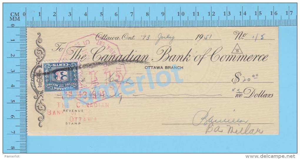 Ottawa, Cheque, 1951 ( $25.00, Cheque à Lui-mème., B.C.D.C.  Tax Stamp FX-64) Ontario Ont.. 2 SCANS - Chèques & Chèques De Voyage