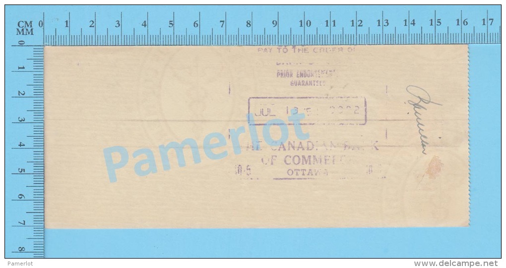 Ottawa, Cheque, 1951 ( $25.00, Cheque à Lui-mème., B.C.D.C.  Tax Stamp FX-64) Ontario Ont.. 2 SCANS - Cheques & Traveler's Cheques