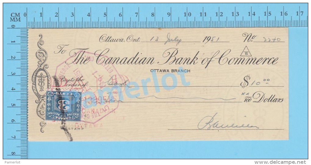 Ottawa, Cheque, 1951 ( $25.00, Cheque à Lui-mème., B.C.D.C.  Tax Stamp FX-64) Ontario Ont.. 2 SCANS - Cheques & Traveler's Cheques