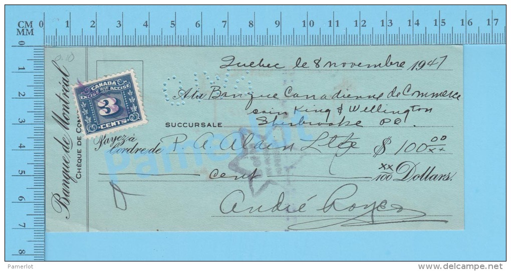 Sherbrooke,  Quebec Canada Cheque, 1947 ( $100.00, P.A. Alain Ltée., B.C.D.C.  Tax Stamp FX-64)2 SCANS - Schecks  Und Reiseschecks