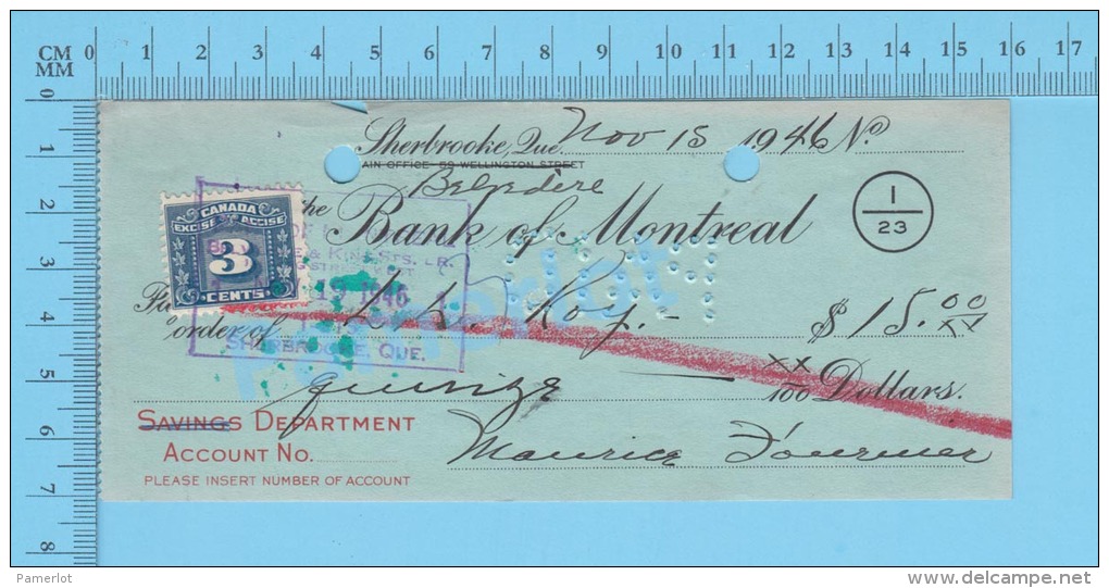 Sherbrooke Quebec Canada , Cheque, 1946 ( $15.00, L. R. Roy, Banque De Montréal  Tax Stamp FX-64)  2 SCANS - Chèques & Chèques De Voyage