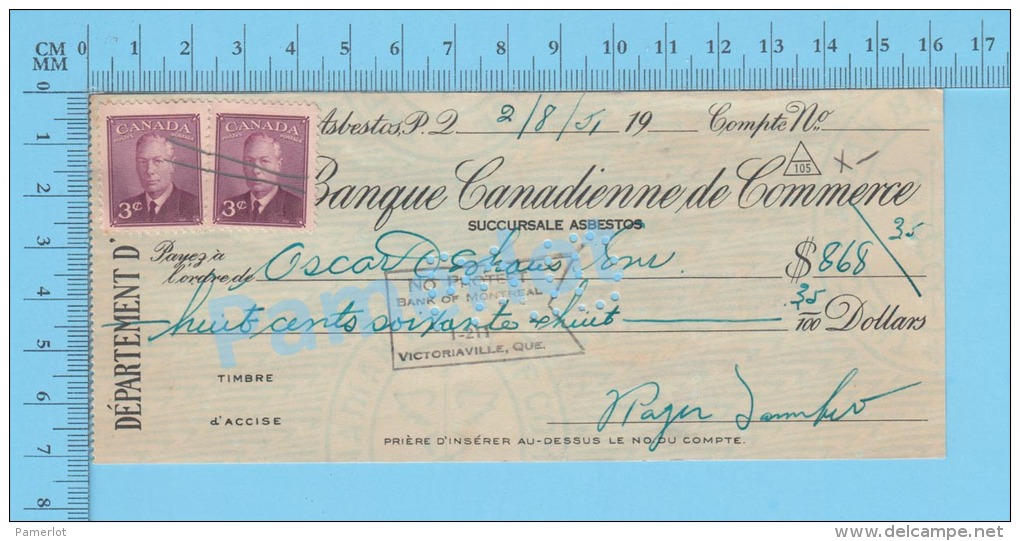 Asbestos Quebec Canada , Cheque, 1951 ( $868.35, Oscar Deshais Enrg, Banque De Montréal  Stamp 2 X #291 )  2 SCANS - Schecks  Und Reiseschecks