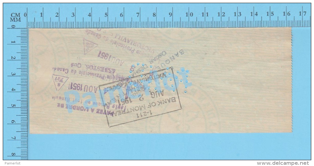 Asbestos Quebec Canada , Cheque, 1951 ( $868.35, Oscar Deshais Enrg, Banque De Montréal  Stamp 2 X #291 )  2 SCANS - Cheques & Traveler's Cheques