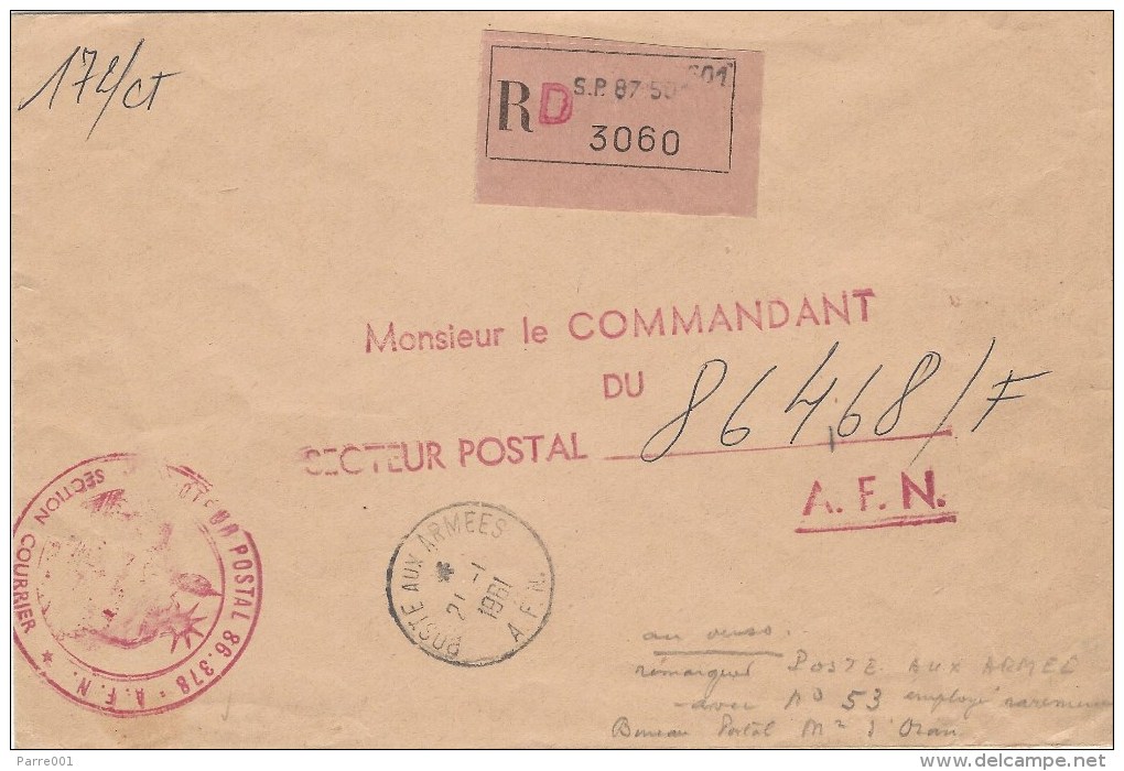 Algerie Algeria 1961 Poste Aux Armees AFN Et Le Numero 53 (Rare!) Au Verso Official Unfranked Registered Cover - Guerre D'Algérie