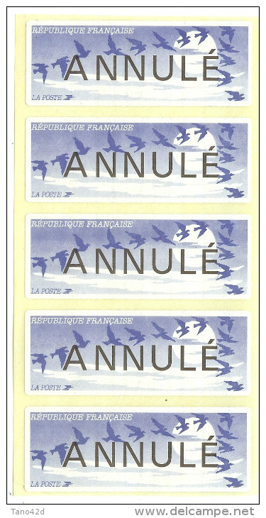 LACH- FRANCE VIGNETTES D'AFFRANCHISSEMENT BANDE DE 5 SURCHARGEE "ANNULE" - 1990 « Oiseaux De Jubert »