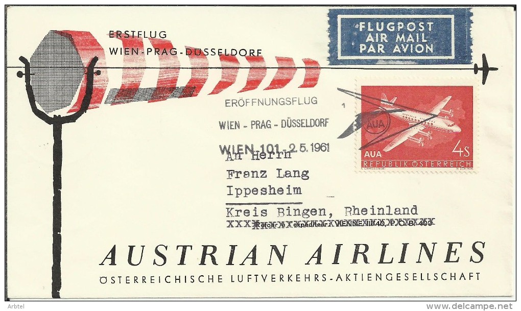 AUSTRIA C C PRIMER VUELO WIEN PRAG DUSSELDORF 1961 AL DORSO MAT LLEGADA - Erst- U. Sonderflugbriefe