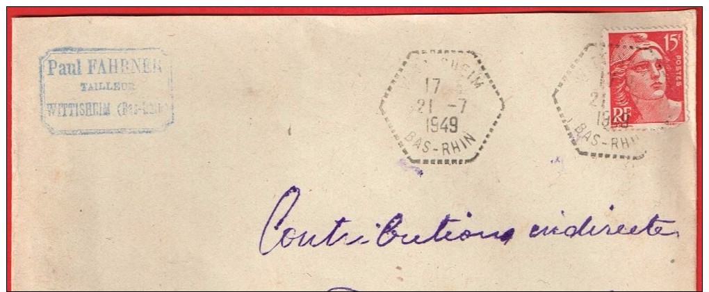 Wittisheim 21.7.1949   Bas-Rhin Entête: Paul Fahrner Tailleur - Lettres & Documents