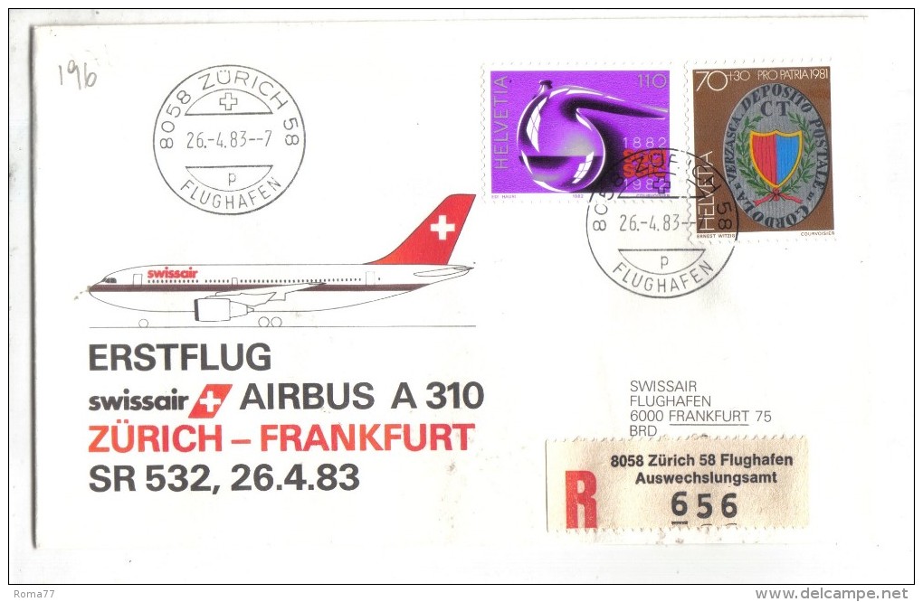 VOL1965 - SVIZZERA 1983, Swissair Primo Volo Zurigo Francoforte . Raccomandata - Erst- U. Sonderflugbriefe