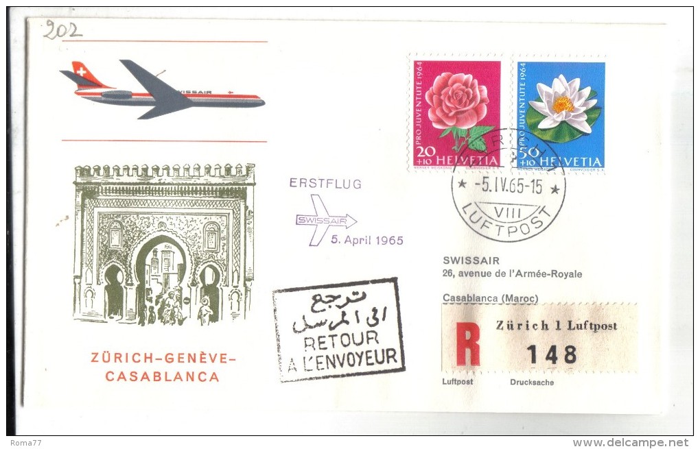 VOL202 - SVIZZERA 1965, Swissair Primo Volo Zurigo Casablanca Marocco. Raccomandata - Premiers Vols