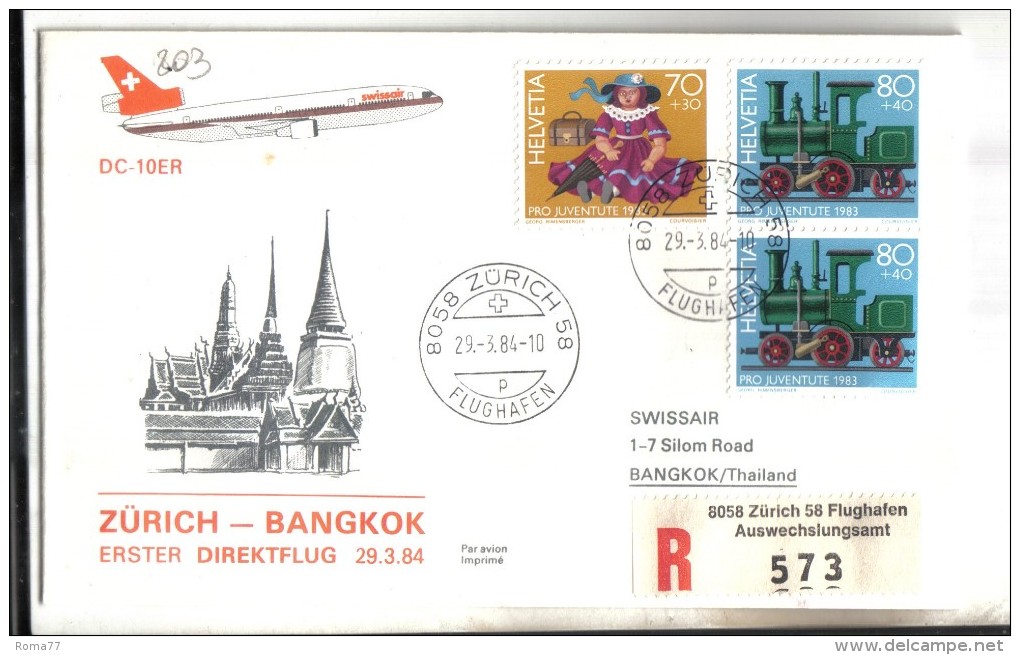 VOL203 - SVIZZERA 1984, Swissair Primo Volo Zurigo Bangkok  Raccomandata - Primi Voli