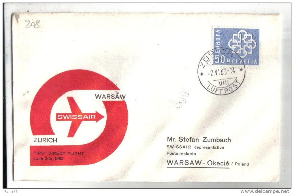 VOL208 - SVIZZERA 1960, Swissair Primo Volo Zurigo Varsavia - Erst- U. Sonderflugbriefe