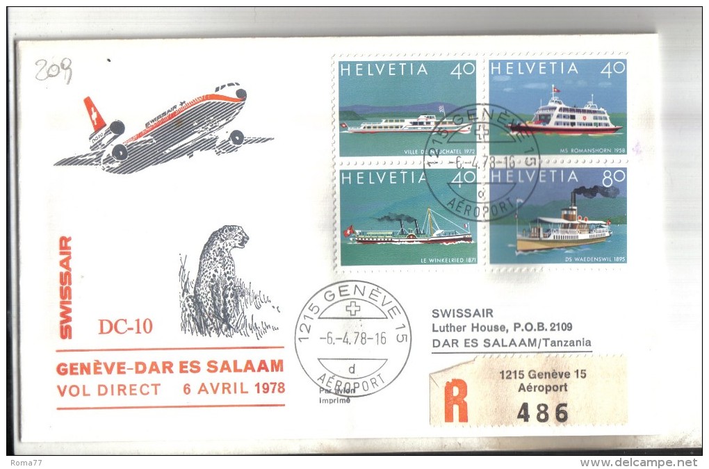 VOL209 - SVIZZERA 1978, Swissair Primo Volo Ginevra Dar Ed Salaam Tanzania . Raccomandata - Premiers Vols