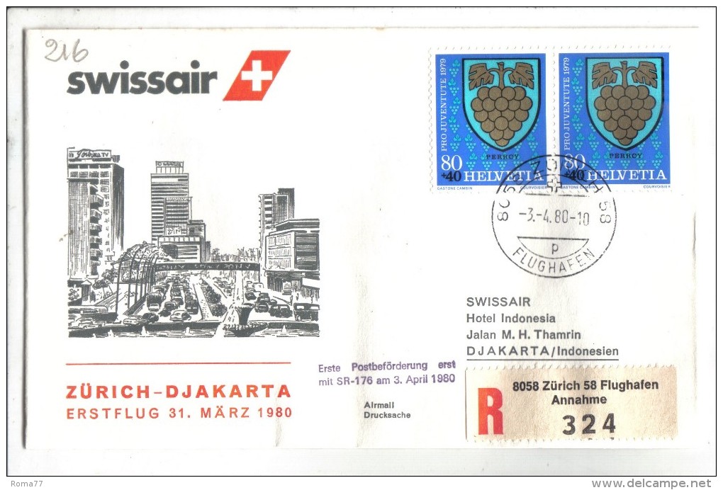 VOL216 - SVIZZERA 1980, Swissair Primo Volo Zurigo Giacarta Indonesia . Raccomandata . - Premiers Vols