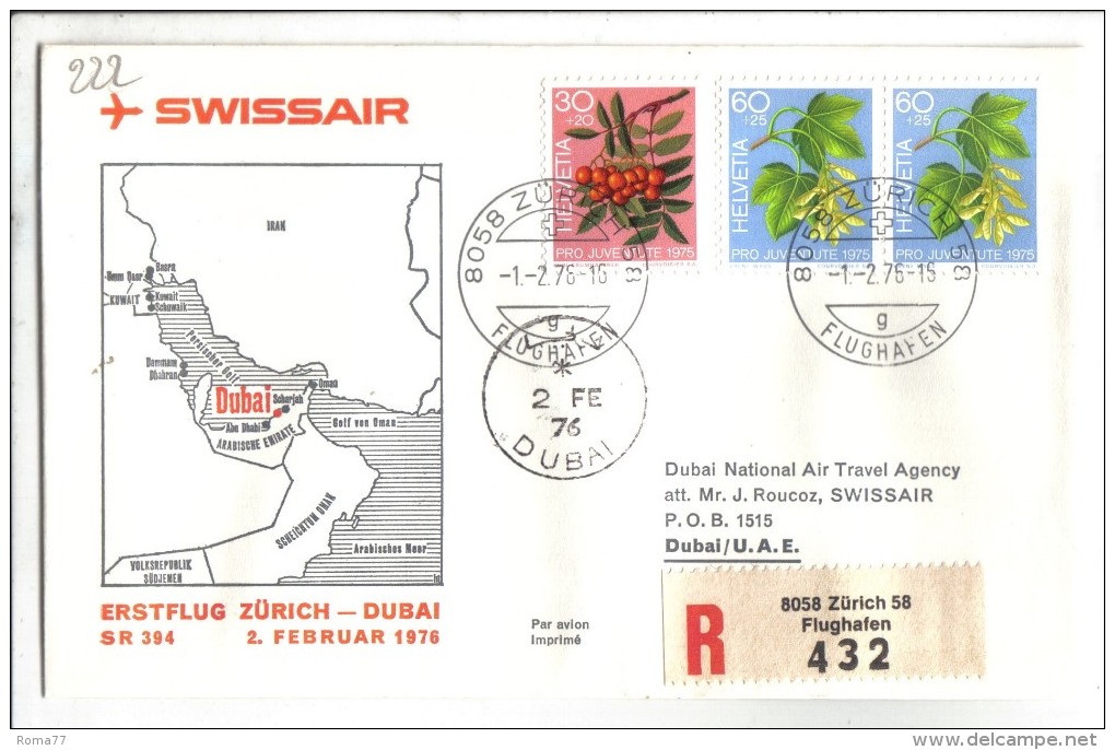 VOL222 - SVIZZERA 1976, Swissair Primo Volo Zurigo Dubai. Raccomandata . - Premiers Vols