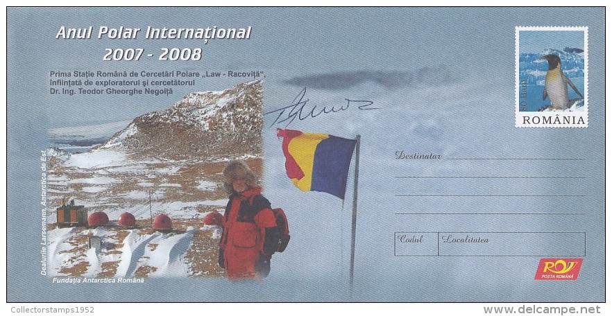 1895FM- INTERNATIONAL POLAR YEAR, LAW RACOVITA BASE, T. NEGOITA EXPLORER, SIGNED, COVER STATIONERY, 2007, ROMANIA - International Polar Year