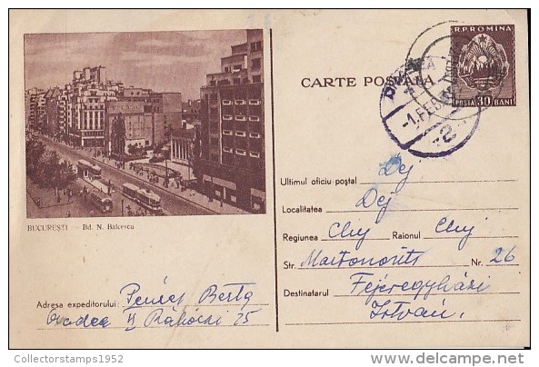 17692- TRAM, TRAMWAY, BUCHAREST BALCESCU BOULEVARD, POSTCARD STATIONERY, 1957, ROMANIA - Tramways