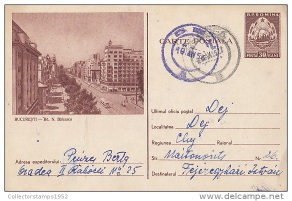 17693- TRAM, TRAMWAY, BUCHAREST BALCESCU BOULEVARD, POSTCARD STATIONERY, 1957, ROMANIA - Tramways