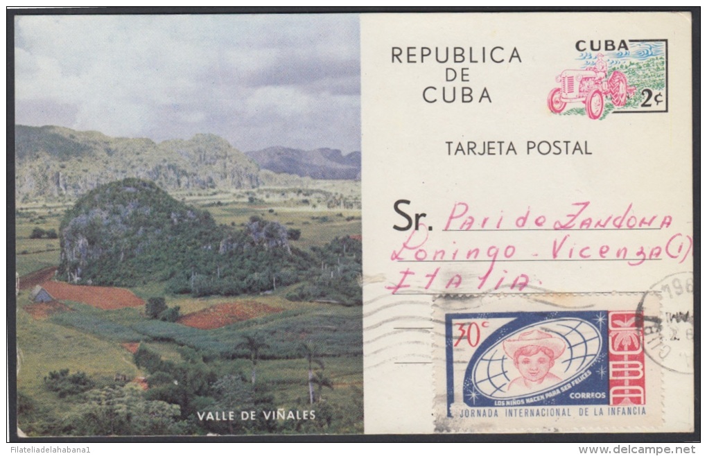1963-EP-2. CUBA REVOLUCION. 1963. Ed.103. TURISMO. VIÑALES. TARJETA POSTAL A ITALIA. ITALY CON FRANQUEO COMPLEMENTARIO. - Lettres & Documents