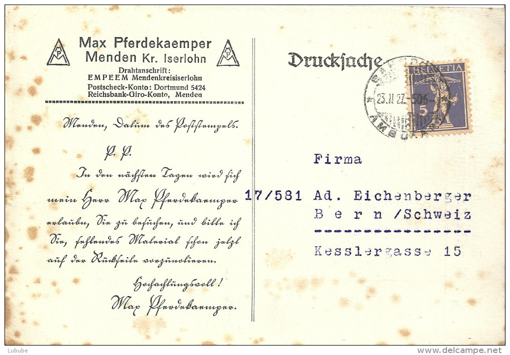 Forwarded Karte   "Pferdekaemper, Menden"  Ambulant - Bern              1927 - Briefe U. Dokumente