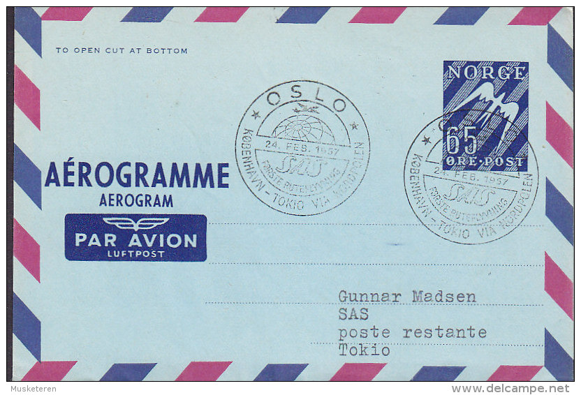 Norway Airmail Aerogramme SAS OSLO-KØBENHAVN-TOKIO Via North Pole 1. Flight Cover 1957 !! (2 Scans) - Enteros Postales