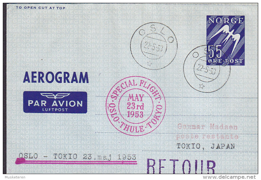 Norway Airmail Aerogramme SAS OSLO-THULE-TOKIO Special Flight Cover 1953 RETOUR !! (2 Scans) - Postal Stationery