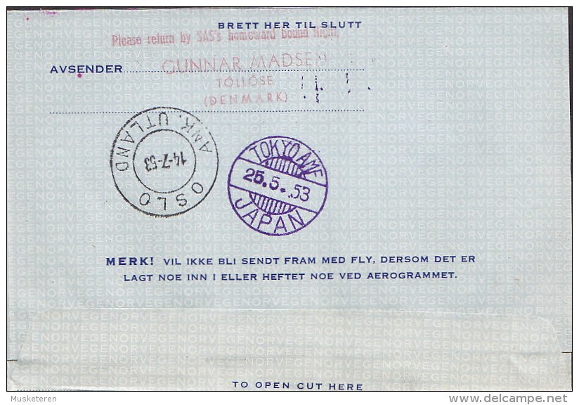 Norway Airmail Aerogramme SAS OSLO-THULE-TOKIO Special Flight Cover 1953 RETOUR !! (2 Scans) - Postal Stationery