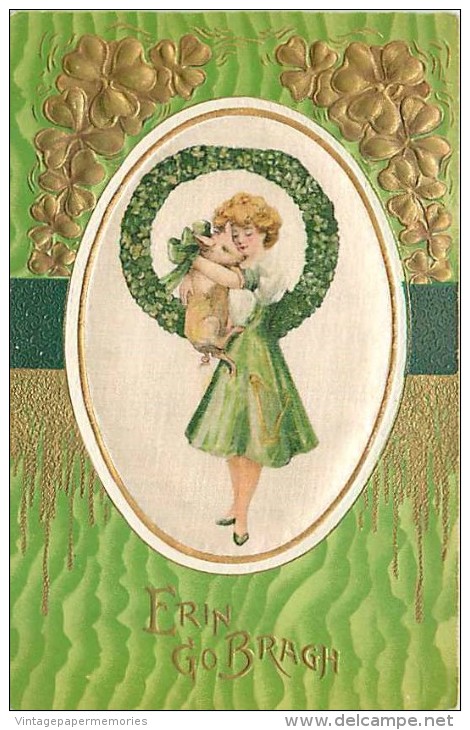 159536-Saint Patrick's Day, Winsch Silk No WIN02-1, Samuel Schmucker, Erin Go Bragh, Woman Hugging Pig, Silk Oval Inset - Saint-Patrick's Day