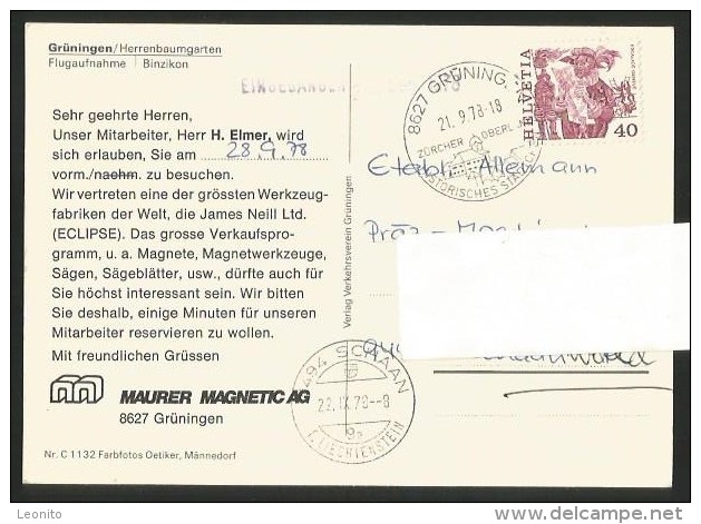 GRÜNINGEN ZH Herrenbaumgarten Flugaufnahme Binzikon Firma Maurer Magnetic AG 1978 - Grüningen