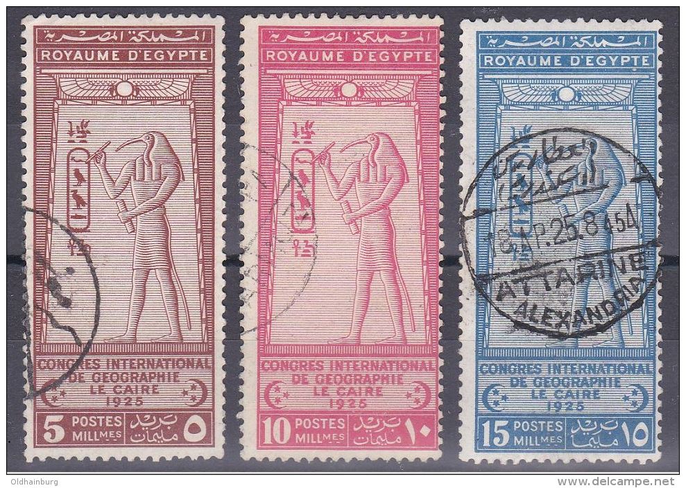 1345g: Ägypten 1925, Mi. 94- 96, Gott Toth, Geographenkongreß Kpl. Gestempelt, Mi. 65.- - Egiptología