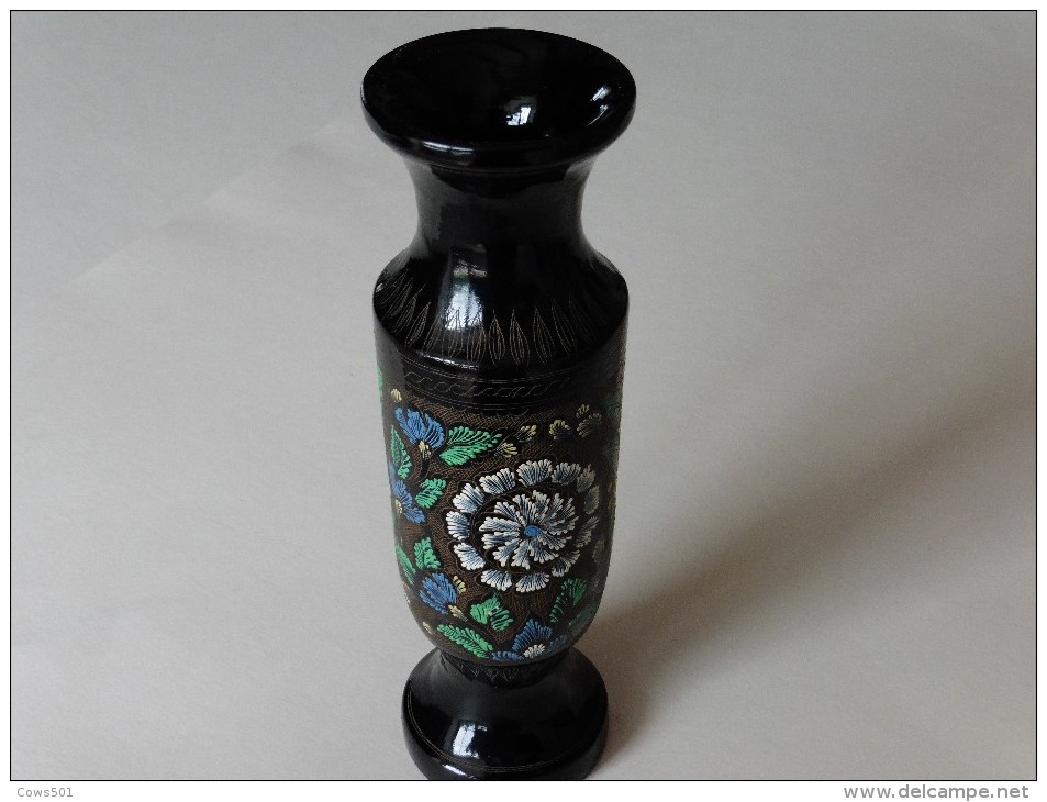 Asie : Vase  Soliflore En Bois  à Motifs  Vernis - Art Asiatique