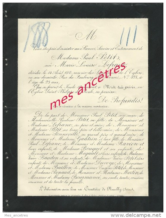 Avis De Décès 1888-Marie-Louise LEFRANC Ep Paul Petit 25 Ans-à Paris Rue Du Faubourg St Honoré-inhumation Neuilly - Décès