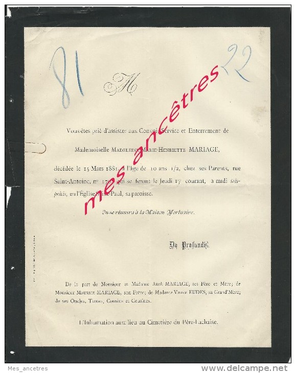 Avis De Décès 1881-Madeleine Marie-Henriette MARIAGE-10 Ans 1/2-inhumation Père Lachaise - Décès