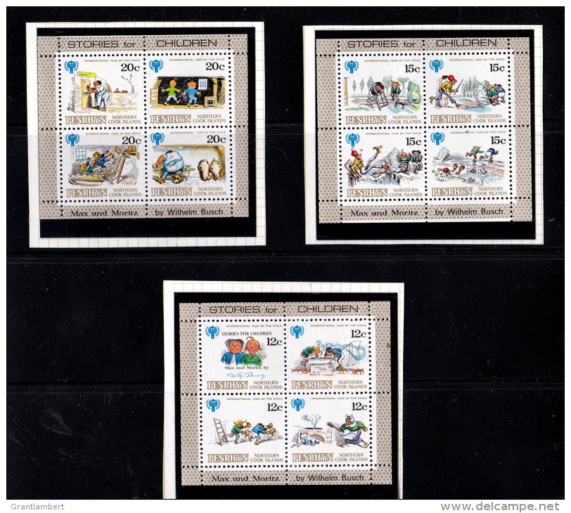 Penrhyn 1979 Stories For Children IYC Max &amp; Moritz 3 Minisheets MNH - Penrhyn