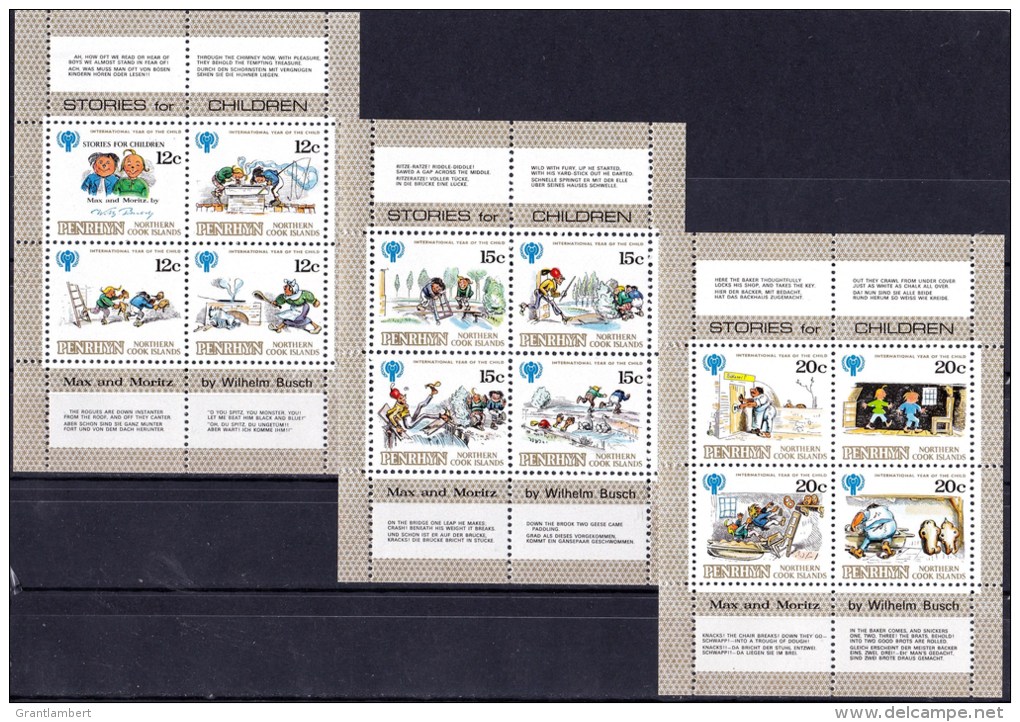 Penrhyn 1979 Stories For Children IYC Max &amp; Moritz 3 Larger Minisheets MNH - Penrhyn