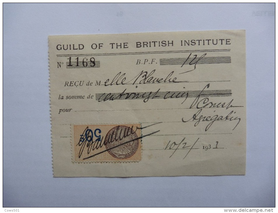 Angleterre :Reçu De 1933 :Guild  Of  The  British  Institute - Autres & Non Classés