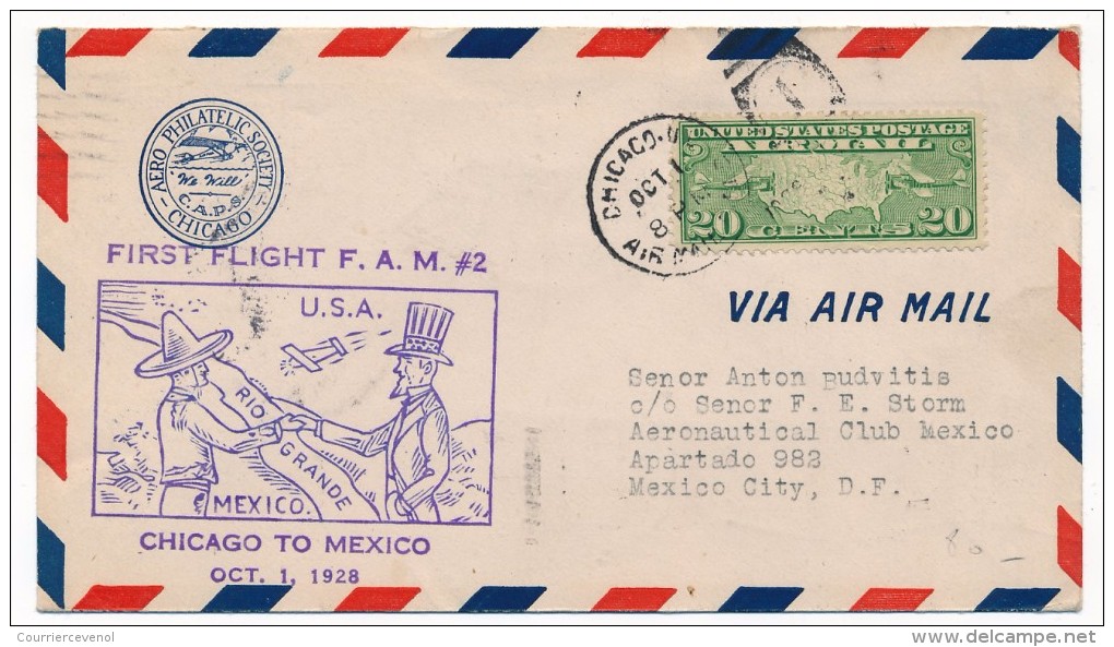 Enveloppe Premier Vol / First Flight F.A.M.#2 CHICAGO TO MEXICO - 1er Octobre 1928 - 1c. 1918-1940 Covers