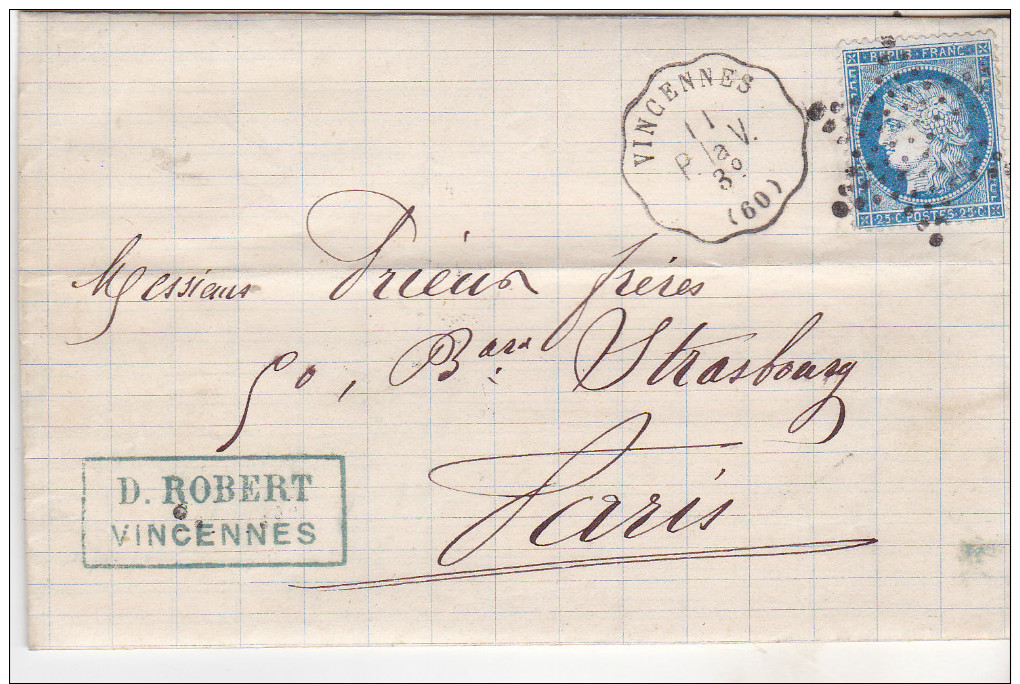 1872 Lettre De Vincennes Pour Paris  Oblit Convoyeur Station Vincennes Paris La Varenne. Et étoile Tb  Complet. - Poste Ferroviaire