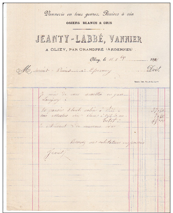 08 Olizy- Vannerie. Jeanty-Labbé, Vannier à Olizy Par Grandpré. Vannerie En Tous Genres. Tb état. - 1800 – 1899