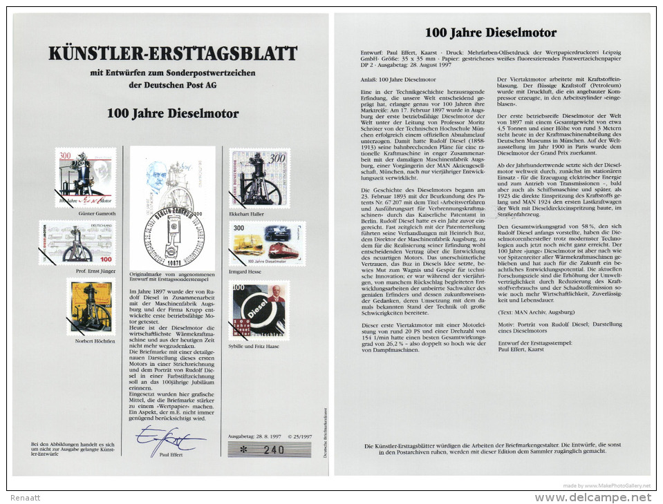 Germany 1997 Mi. 1942 FDC Art Card, Rudolf Diesel, German Inventor Of Diesel Engine, Mechanical Engineer - Coches