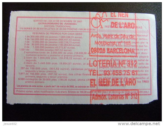 BILLETE DE LOTERÍA NACIONAL - SORTEO NAVIDAD 22/12/2001 - Nº 00550 - Billetes De Lotería