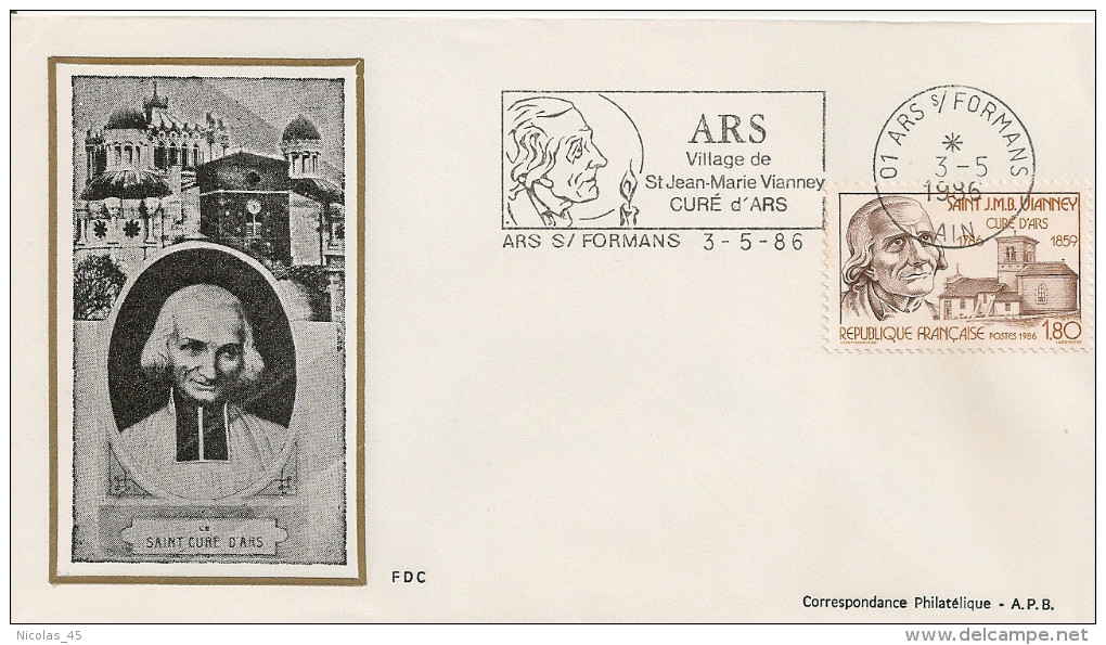 France - Enveloppe 1er Jour - Saint Curé D'Ars - 1986 - Ars Sur Formans - YT 2418 - 1980-1989