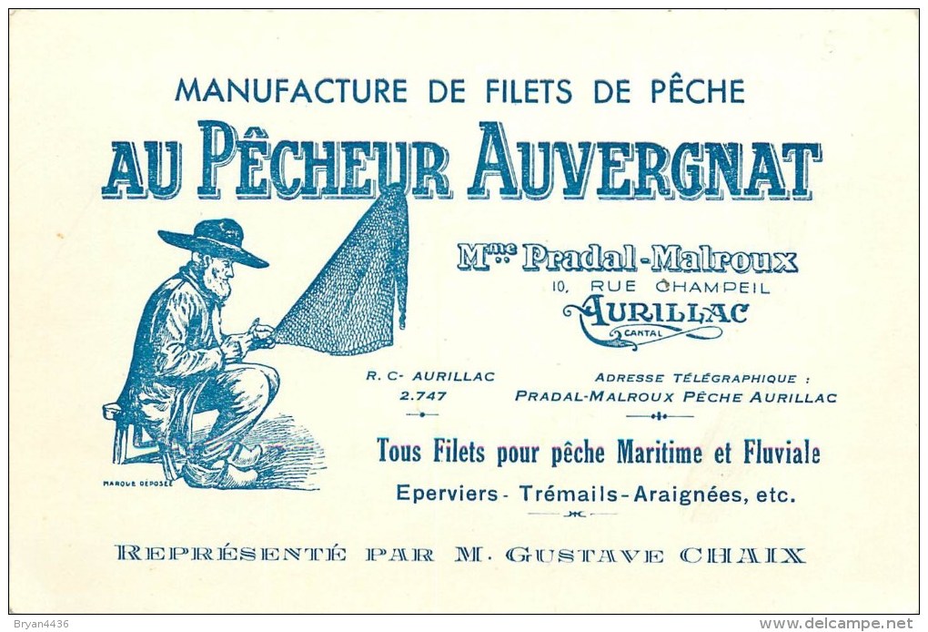 Carte Commerciale Ancienne - Manufacture De Filets De Pêche "Au Pêcheur Auvergnat"Pradal-Malroux à Aurillac (Cantal) - Andere & Zonder Classificatie