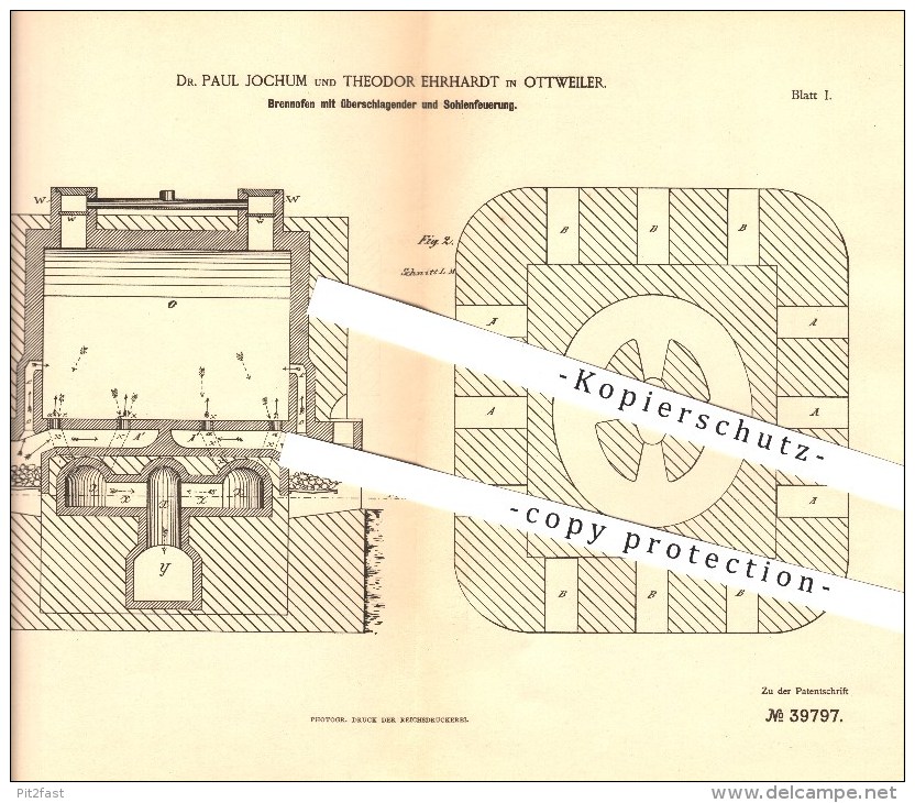 Original Patent - Dr. Paul Jochum & Theodor Ehrhardt In Ottweiler , 1886 , Brennofen Mit Sohlenfeuerung , Ofen !!! - Kreis Neunkirchen