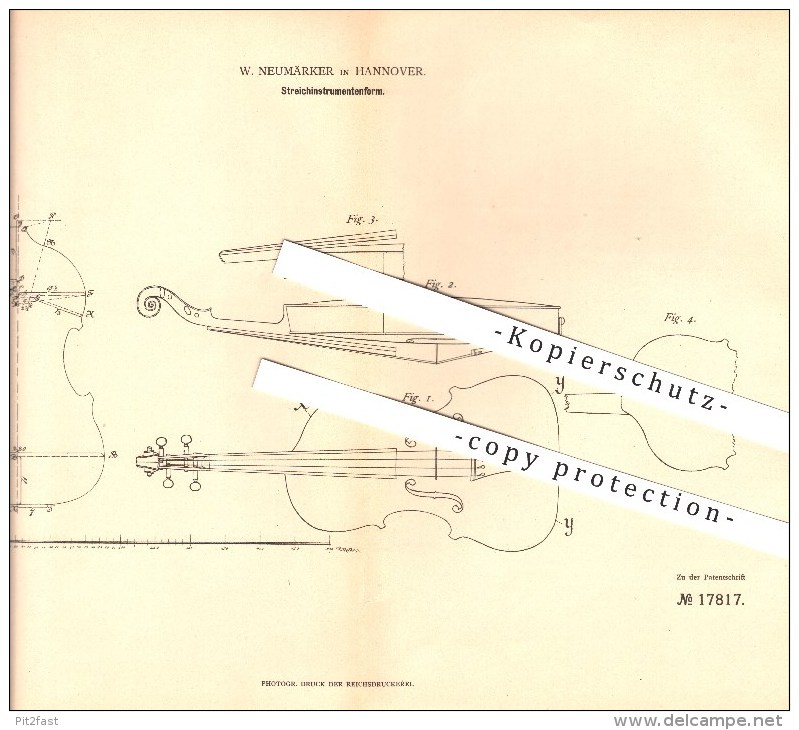 Original Patent - W. Neumärker In Hannover , 1881 , Streichinstrumentenform , Musik , Geige , Violine !!! - Instruments De Musique